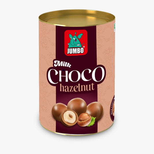 JUMBO Milk Choco Hazelnut, Milk Chocolate Covered Nutty Roasted Hazelnut, 70g Tin Pack